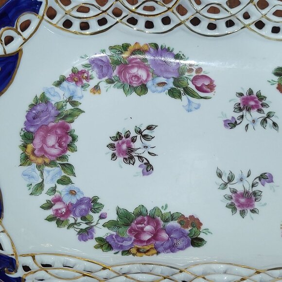 Vintage Cobalt Blue Rim & Pink Rose Porcelain Rectangular Reticulated Scalloped - Picture 8 of 11